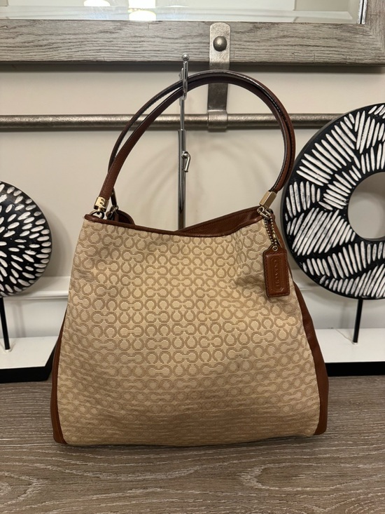 Coach Handbags - Coach Tan Signature Canvas Shoulder Bag with Brown Leather Trim